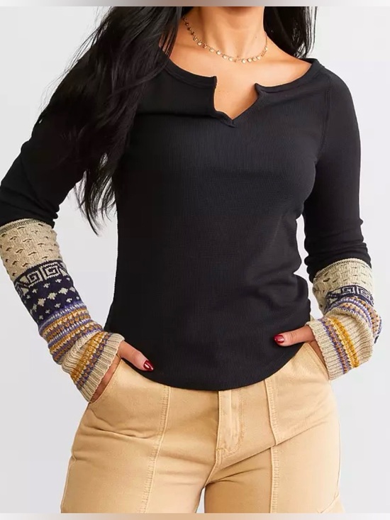 Free People Tops - Free People Cozy Craft Cuff Thermal Top SizeXS Black Boatneck Waffle Knit Grunge